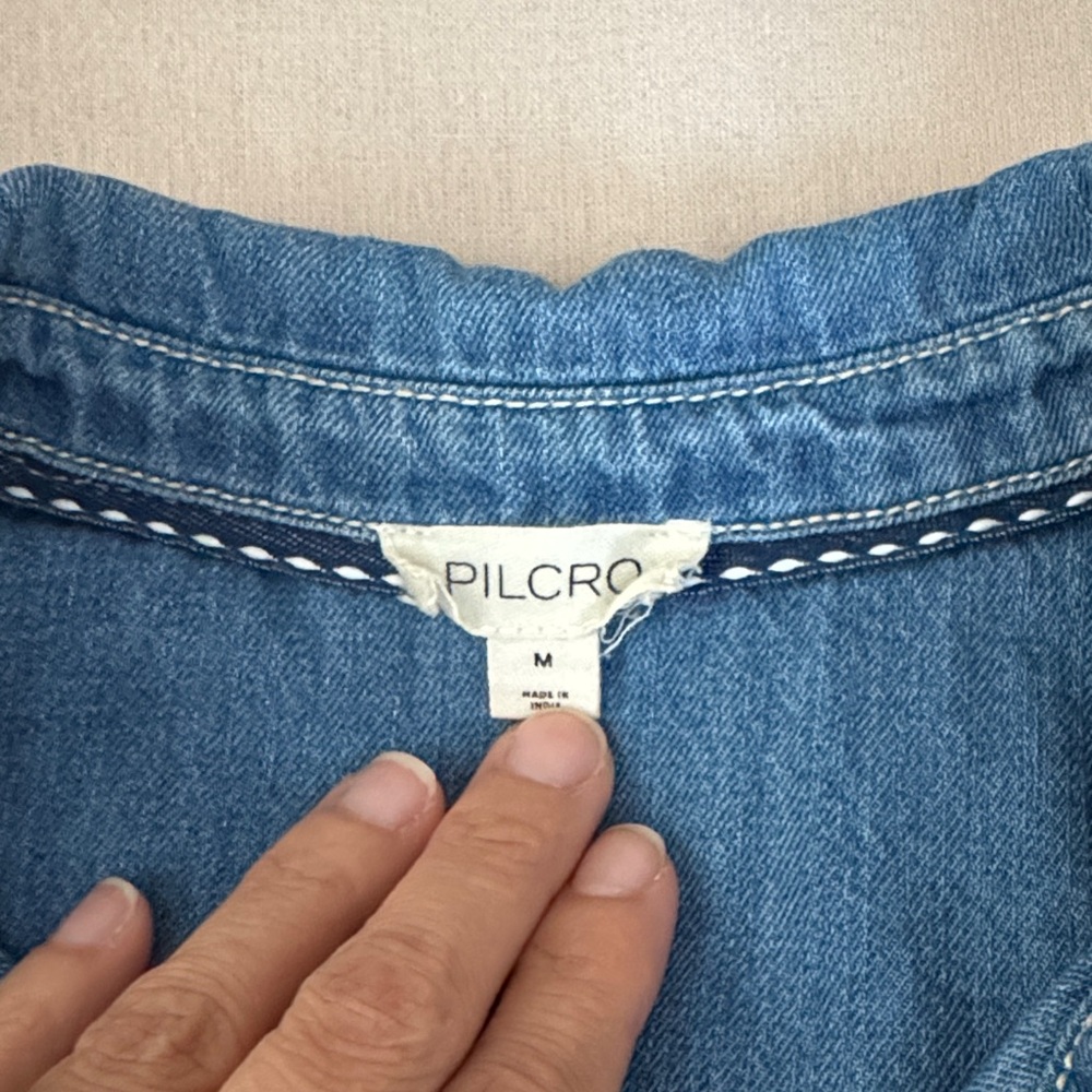 Pilcro Blue Button Down Shirt with Ruffle Detail - Picture 2 of 5